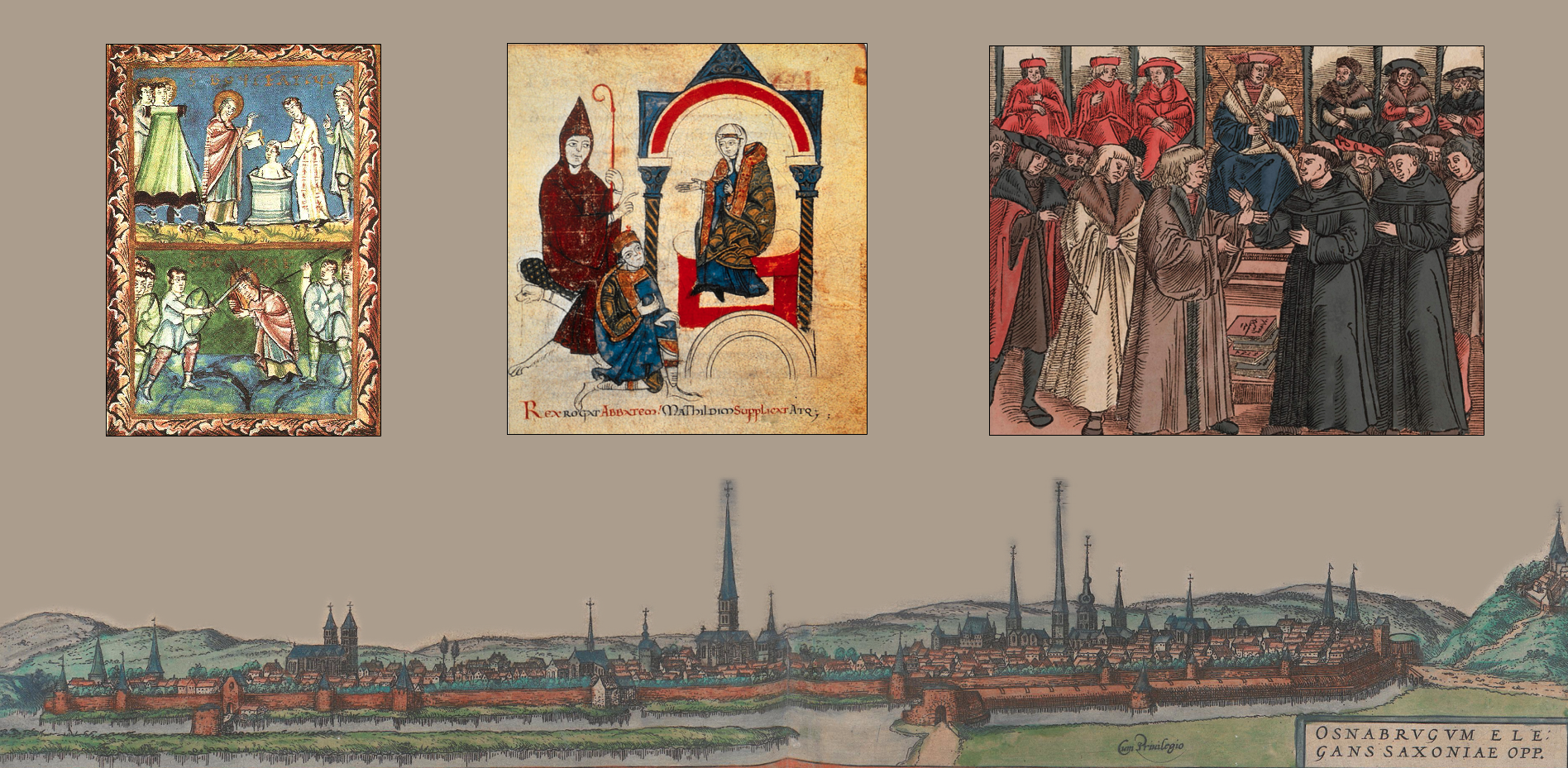 Berühmte Szenen aus der Kirchen- und Christentumsgeschichte, im Hintergrund eine historische Stadtansicht von Osnabrück.